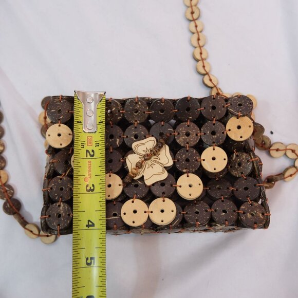 Rare Vintage Handcrafted Daisy Life Coconut Shell Beaded Bag With Floral Design - Picture 5 of 6